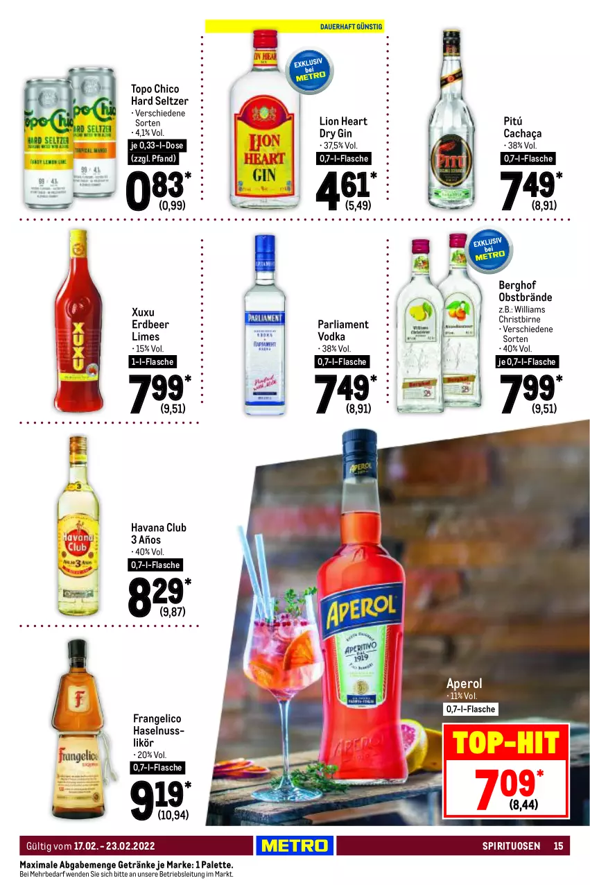 Aktueller Prospekt Metro - Food - von 17.02 bis 23.02.2022 - strona 15 - produkty: aperol, cachaça, dry gin, flasche, frangelico, getränk, getränke, gin, haselnuss, Havana Club, likör, lion, nuss, obst, Palette, spirituosen, Ti, Topo Chico, vodka