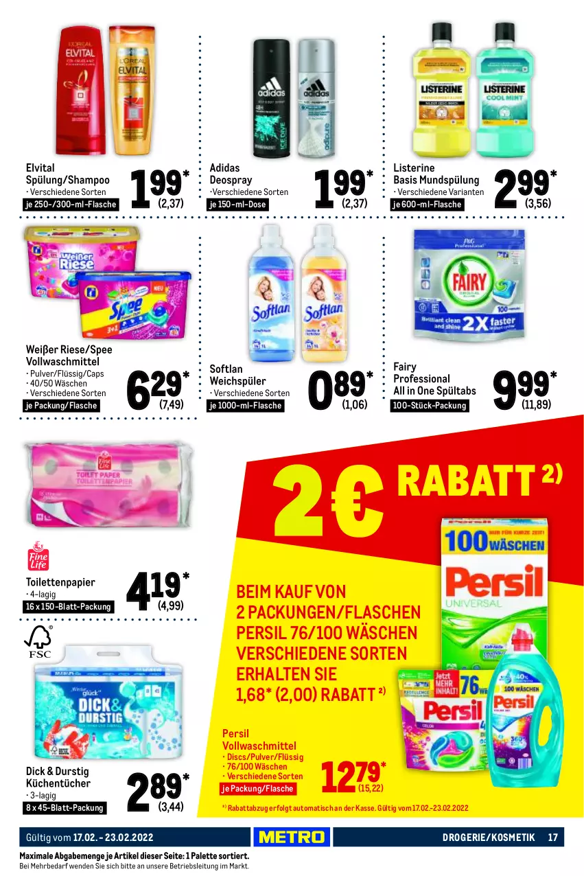 Aktueller Prospekt Metro - Food - von 17.02 bis 23.02.2022 - strona 17 - produkty: Adidas, auto, Cap, deo, deospray, elvital, fairy, flasche, kosmetik, küche, Küchen, küchentücher, LG, listerine, mundspülung, Palette, papier, persil, Ria, shampoo, Softlan, spee, spülung, Ti, tisch, toilettenpapier, tücher, vita, vollwaschmittel, waschmittel, weichspüler