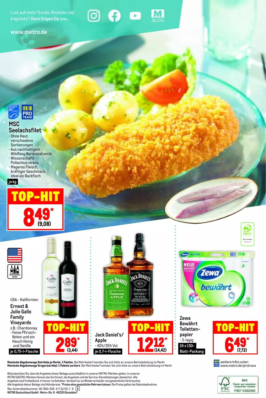 Aktueller Prospekt Metro - Food - von 17.02 bis 23.02.2022 - strona 20 - produkty: abholpreise, angebot, angebote, Apple, backfisch, chardonnay, eis, filet, fisch, flasche, fleisch, gallo, gallo family, getränk, getränke, honig, ilag, jack daniel, lachs, lachsfilet, LG, mac, Metro, metro gastro, Palette, papier, pfirsich, Rauch, reis, rezept, rezepte, rwe, seelachsfilet, Ti, toilettenpapier, top-hit, vanille, Wild, zewa