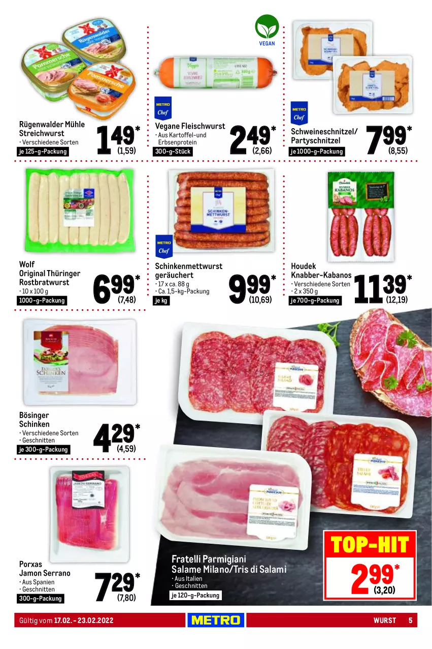 Aktueller Prospekt Metro - Food - von 17.02 bis 23.02.2022 - strona 5 - produkty: bratwurst, eis, erbsen, fleisch, fleischwurst, gin, houdek, kabanos, kartoffel, Mett, mettwurst, original thüringer, ring, rostbratwurst, rügenwalder, rügenwalder mühle, salami, schinken, schnitten, schnitzel, schwein, schweine, schweineschnitzel, serrano, thüringer rostbratwurst, Ti, Vegane Fleisch, wein, weine, wurst