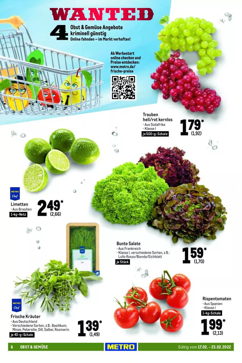 Aktueller Prospekt Metro - Food - von 17.02 bis 23.02.2022 - strona 6 - produkty: angebot, angebote, basilikum, bio, bunte salate, decke, eis, kräuter, limette, limetten, Metro, Mett, metten, minze, obst, petersilie, reis, rispentomaten, rosmarin, salat, salate, Schal, Schale, Ti, tomate, tomaten, trauben