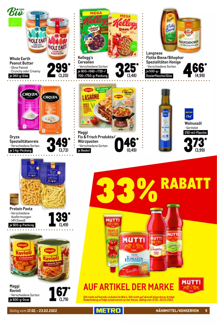 Aktueller Prospekt Metro - Food - von 17.02 bis 23.02.2022 - strona 9 - produkty: auto, beutel, bihophar, butter, cerealien, eis, flasche, honig, Kellogg‘s, Konserven, langnese, LG, maggi, maggi fix, nuss, ohne palmöl, oryza, pasta, peanut butter, ravioli, reis, Spezi, Ti, tisch, walnuss