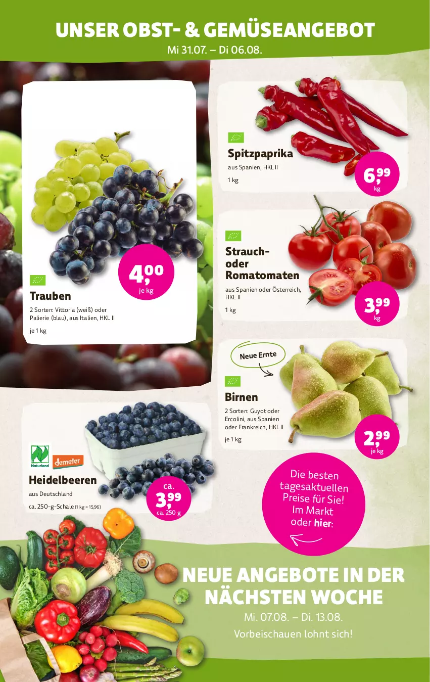 Aktueller Prospekt Denns Biomarkt - von 31.07 bis 13.08.2024 - strona 2 - produkty: angebot, angebote, beere, beeren, Birnen, eis, elle, heidelbeere, heidelbeeren, obst, paprika, Rauch, reis, Ria, Romatomaten, Schal, Schale, Spitzpaprika, tomate, tomaten, trauben, Yo