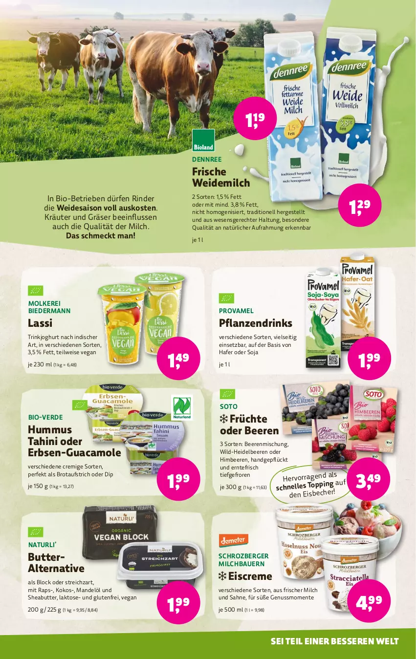 Aktueller Prospekt Denns Biomarkt - von 31.07 bis 13.08.2024 - strona 3 - produkty: auer, aufstrich, Bau, Bauer, Becher, beere, beeren, Berger, bio, brot, brotaufstrich, butter, creme, dennree, dip, drink, drinks, eis, eisbecher, eiscreme, elle, ente, erbsen, erde, früchte, guacamole, hafer, heidelbeere, heidelbeeren, himbeer, himbeere, himbeeren, hummus, joghur, joghurt, joghurt nach, kokos, kräuter, mandel, Mandelöl, milch, natur, nuss, pflanze, pflanzen, rind, rinder, sahne, Sheabutter, soja, Streichzart, Ti, weidemilch, Wild