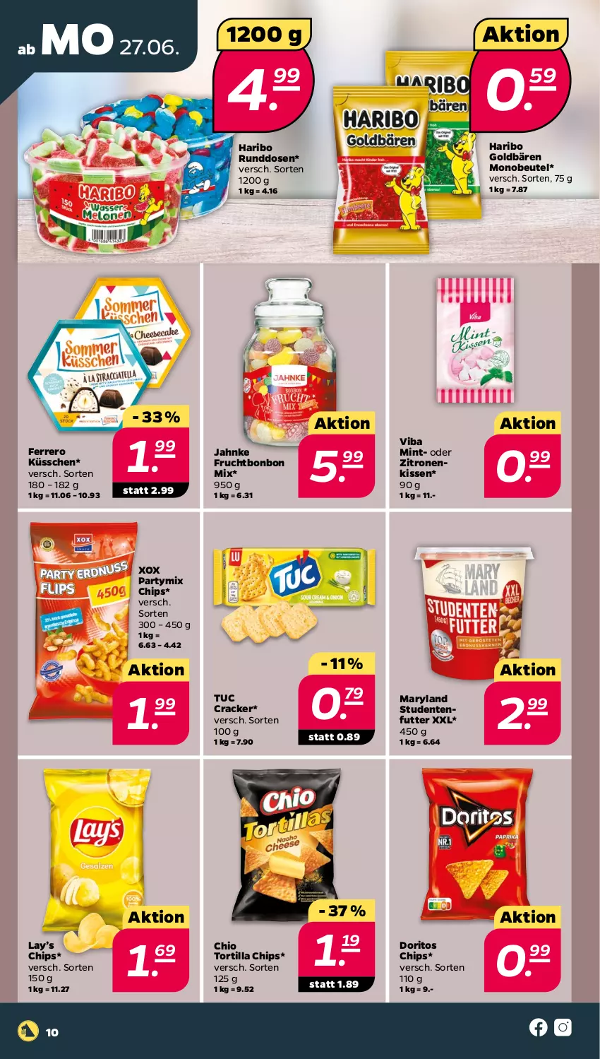 Aktueller Prospekt Netto - Angebote ab Montag - von 27.06 bis 02.07.2022 - strona 10 - produkty: beutel, chips, cracker, Doritos, ente, ferrero, Ferrero Küsschen, frucht, goldbären, haribo, kissen, mint, studentenfutter, Ti, tortilla, Tortilla Chips, tuc, zitrone, zitronen