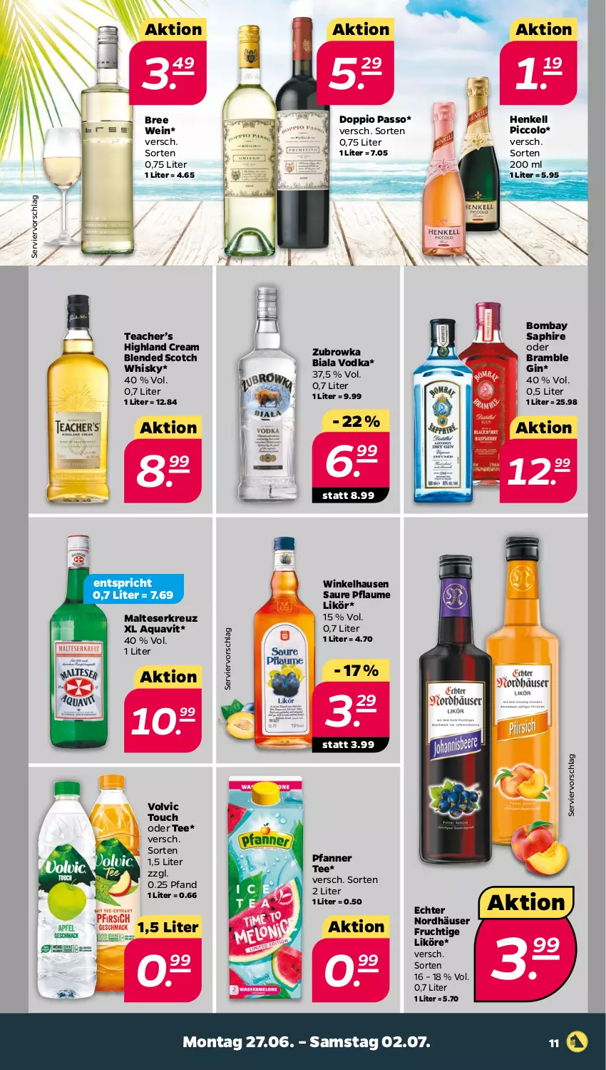 Aktueller Prospekt Netto - Angebote ab Montag - von 27.06 bis 02.07.2022 - strona 11 - produkty: aqua, aquavit, blended scotch, blended scotch whisky, bree, doppio passo, frucht, gin, henkel, henkell, likör, malteser, passo, pfanne, Pfanner, pflaume, scotch, scotch whisky, tee, Ti, vodka, volvic, wein, whisky, winkelhausen