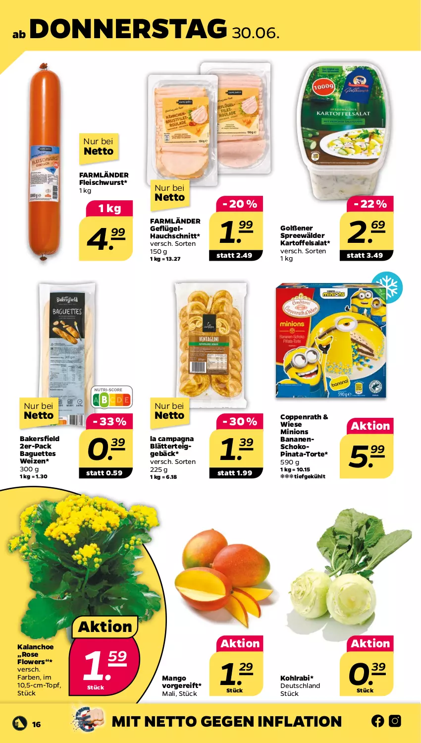 Aktueller Prospekt Netto - Angebote ab Montag - von 27.06 bis 02.07.2022 - strona 16 - produkty: baguette, baguettes, banane, bananen, blätterteig, blätterteiggebäck, coppenrath, eis, fleisch, fleischwurst, Flowers, Geflügel, Kalanchoe, kartoffel, kartoffelsalat, kohlrabi, mango, salat, schoko, spreewälder, Ti, topf, torte, wurst