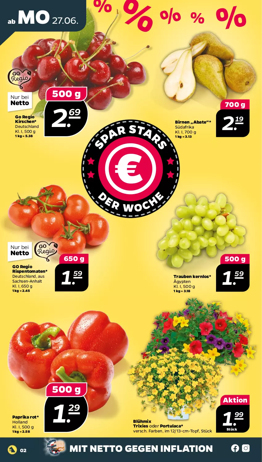 Aktueller Prospekt Netto - Angebote ab Montag - von 27.06 bis 02.07.2022 - strona 2 - produkty: Birnen, kirsch, kirsche, kirschen, paprika, paprika rot, rispentomaten, sac, Ti, tomate, tomaten, topf, trauben