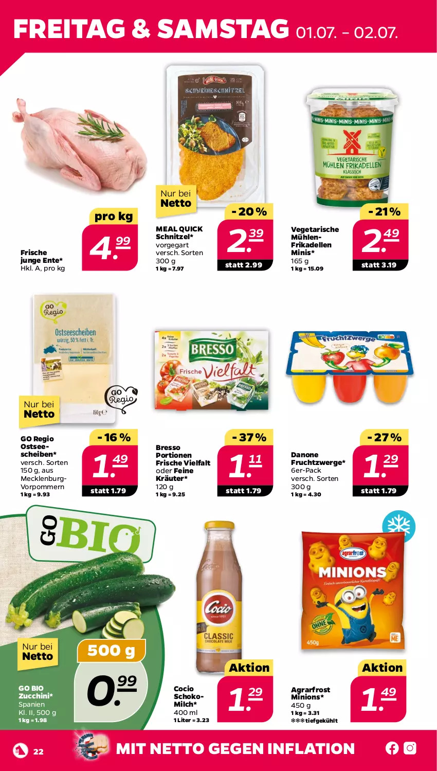 Aktueller Prospekt Netto - Angebote ab Montag - von 27.06 bis 02.07.2022 - strona 22 - produkty: agrarfrost, bio, bresso, danone, danone fruchtzwerge, dell, elle, ente, frikadellen, frucht, fruchtzwerge, kräuter, milch, schnitzel, schoko, Schokomilch, Ti, Vegeta, zucchini