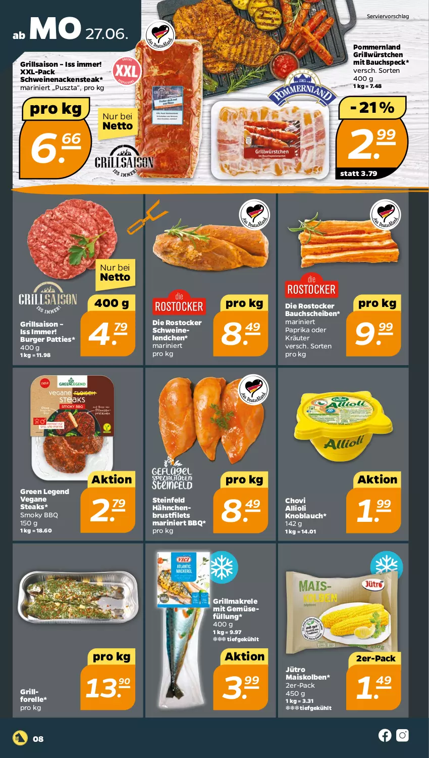 Aktueller Prospekt Netto - Angebote ab Montag - von 27.06 bis 02.07.2022 - strona 8 - produkty: allioli, Bau, bauchscheiben, brustfilet, burger, chovi, elle, filet, filets, forelle, grill, hähnchenbrust, hähnchenbrustfilet, knoblauch, kräuter, mais, Makrele, mit gemüse, Nackensteak, oder kräuter, paprika, rel, Rostocker, schwein, schweine, schweinenacken, Speck, steak, steaks, Ti, wein, weine, würstchen