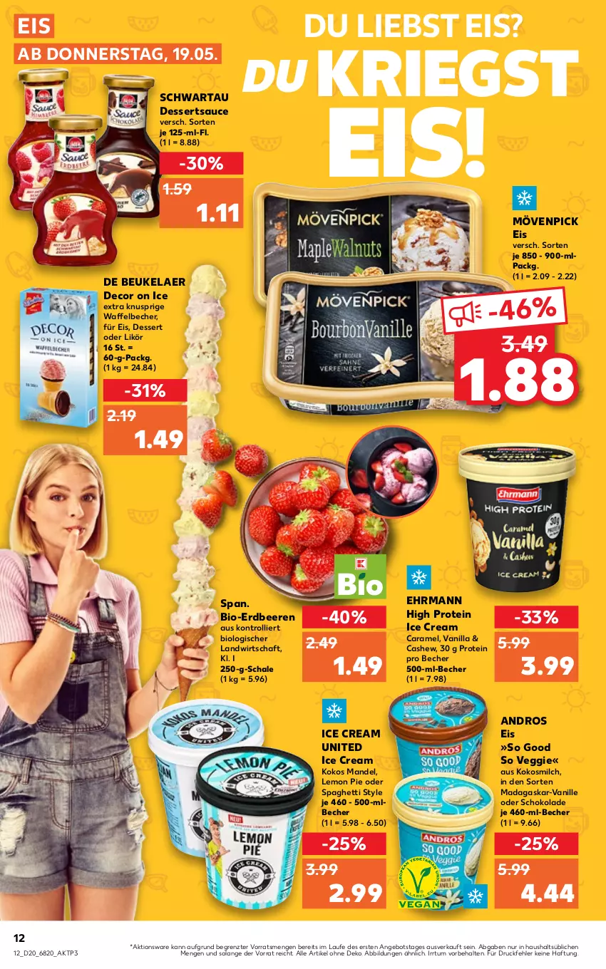 Aktueller Prospekt Kaufland - von 19.05 bis 25.05.2022 - strona 12 - produkty: angebot, Becher, beere, beeren, bio, caramel, Cashew, de beukelaer, decor, dessert, desserts, dessertsauce, ehrmann, eis, erdbeere, erdbeeren, kokos, kokosmilch, likör, mandel, milch, mövenpick, mövenpick eis, sauce, Schal, Schale, schoko, schokolade, Schwartau, spaghetti, Ti, trolli, vanille, veggie, ZTE