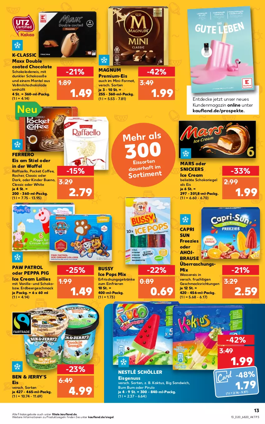 Aktueller Prospekt Kaufland - von 19.05 bis 25.05.2022 - strona 13 - produkty: angebot, angebote, asti, brause, Cap, cola, decke, drink, drinks, eis, erfrischungsgetränk, erfrischungsgetränke, ferrero, frucht, getränk, getränke, Jungfrau, Kinder, kinder bueno, mac, magazin, magnum, Mantel, mars, milch, nestlé, nestlé schöller, nuss, Paw Patrol, Peppa Pig, raffaello, reis, riegel, sandwich, schoko, schokolade, schokoladen, schokoriegel, Schöller, snickers, Soße, Ti, vanille, vollmilch, wasser, wassereis