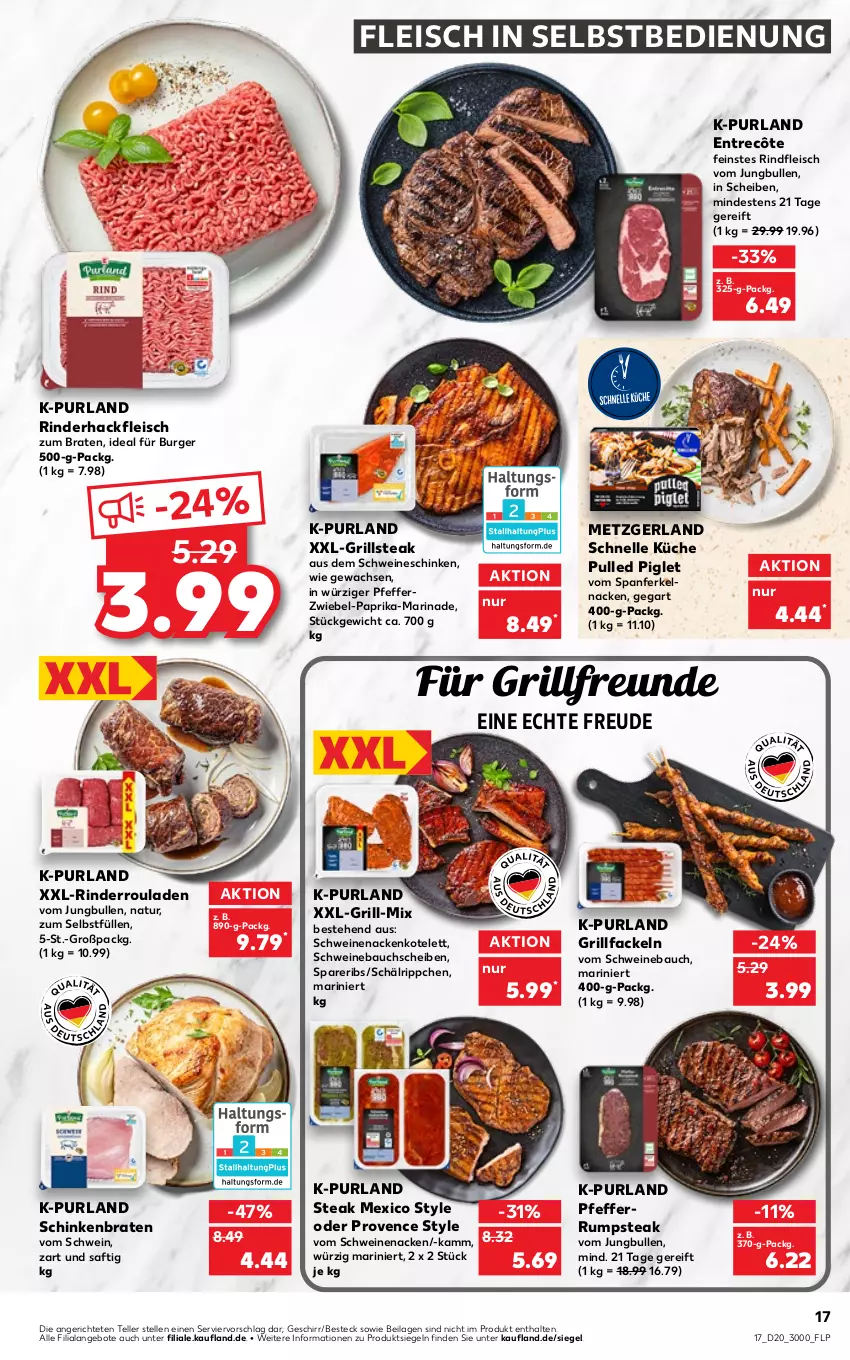 Aktueller Prospekt Kaufland - von 19.05 bis 25.05.2022 - strona 17 - produkty: angebot, angebote, Bau, bauchscheiben, besteck, braten, burger, eis, elle, entrecôte, fleisch, fleisch in selbstbedienung, geschirr, grill, grillfackeln, hackfleisch, ilag, jungbullen, kotelett, küche, marinade, natur, paprika, pfeffer, purland, rind, rinder, rinderhackfleisch, Rinderroulade, rinderrouladen, rindfleisch, rouladen, rum, rumpsteak, saft, schinken, schinkenbraten, schwein, schweine, Schweinebauch, schweinebauchscheiben, schweinenacken, spareribs, steak, teller, Ti, vom schweinenacken, wein, weine, zwiebel