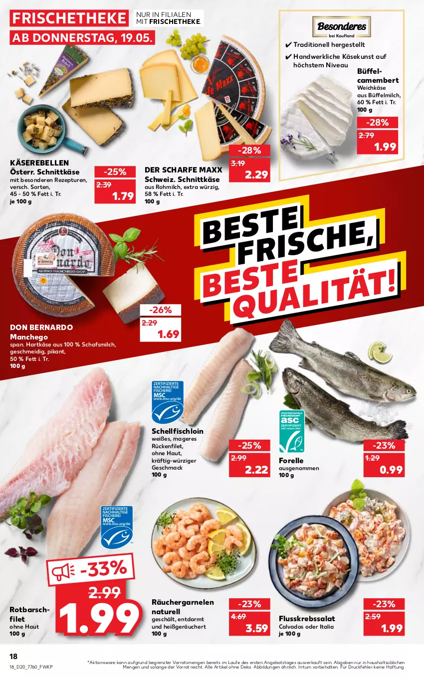 Aktueller Prospekt Kaufland - von 19.05 bis 25.05.2022 - strona 18 - produkty: angebot, camembert, elle, filet, fisch, Flusskrebssalat, forelle, garnelen, hartkäse, Käse, Käserebellen, Krebs, mac, Manchego, milch, natur, nivea, rebell, rel, rezept, Rotbarsch, rotbarschfilet, salat, schnittkäse, Ti, weichkäse, ZTE