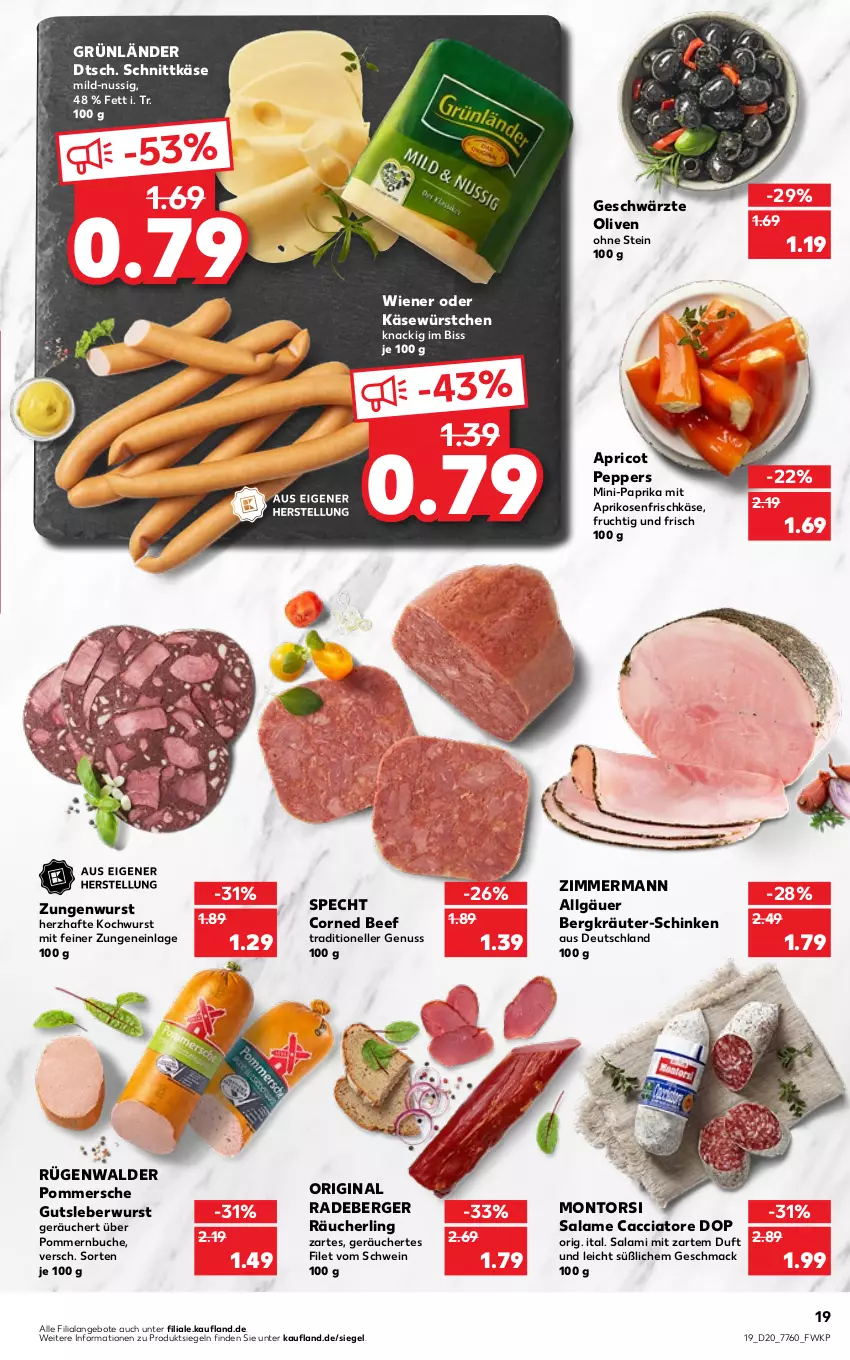 Aktueller Prospekt Kaufland - von 19.05 bis 25.05.2022 - strona 19 - produkty: ACC, angebot, angebote, aprikose, aprikosen, beef, Berger, buch, corned beef, elle, filet, frischkäse, frucht, gin, grünländer, gutsleberwurst, Käse, kräuter, leberwurst, LG, mac, montorsi, nuss, olive, oliven, paprika, Pommersche, radeberger, Räucherling, rügenwalder, salami, schinken, schnittkäse, schwein, senf, specht, Ti, wein, wiener, wurst, würstchen, ZTE