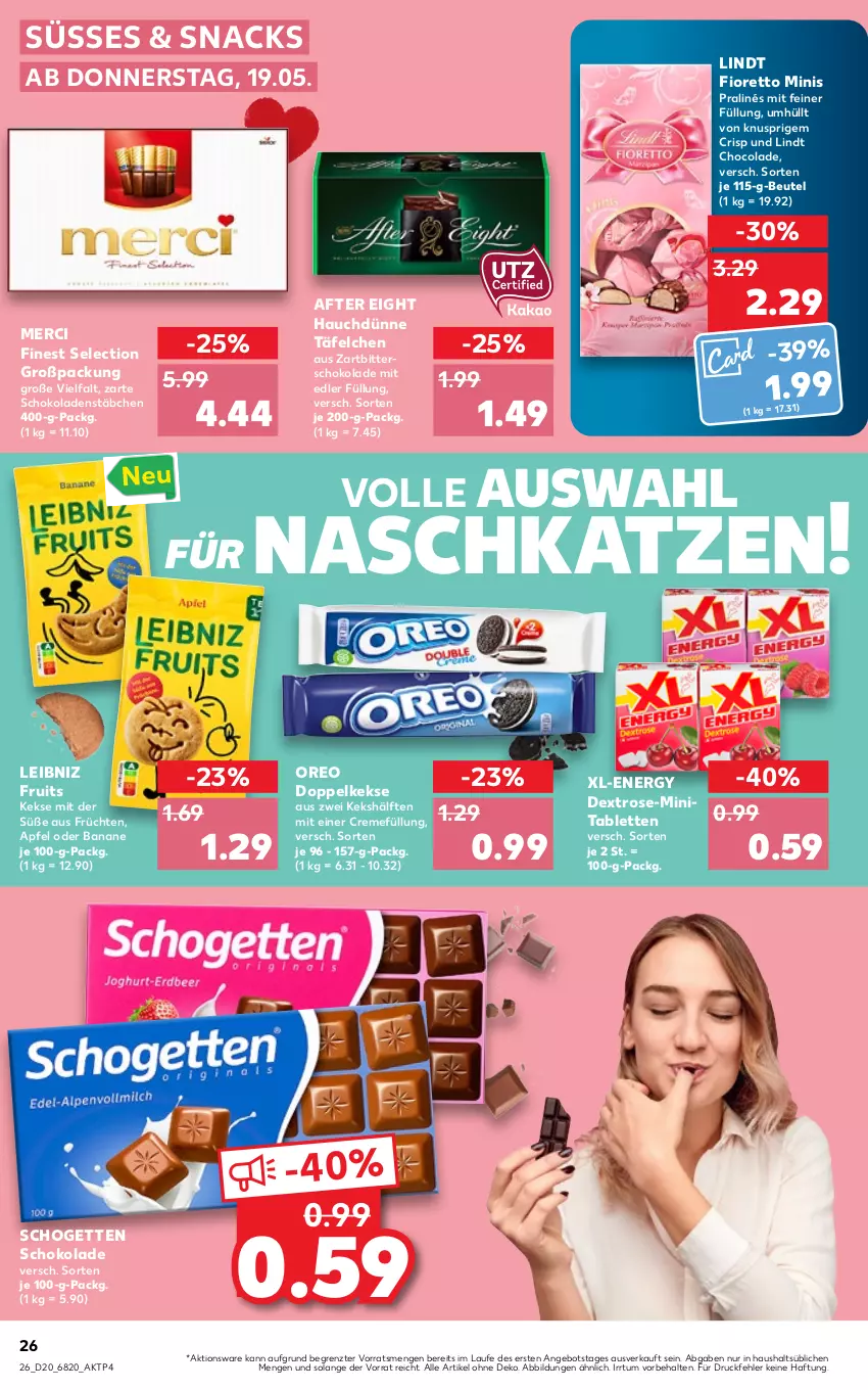 Aktueller Prospekt Kaufland - von 19.05 bis 25.05.2022 - strona 26 - produkty: after eight, angebot, apfel, banane, beutel, cola, creme, Doppelkekse, früchte, früchten, keks, kekse, leibniz, lindt, merci, oreo, schogetten, schoko, schokolade, schokoladen, snack, snacks, tablet, tablett, Tablette, Ti, Zartbitterschokolade, ZTE