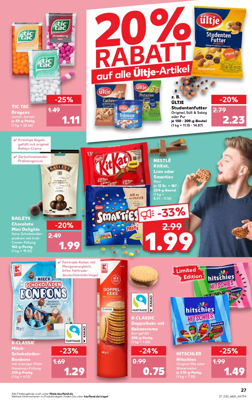 Aktueller Prospekt Kaufland - von 19.05 bis 25.05.2022 - strona 27 - produkty: angebot, angebote, baileys, beutel, bonbons, cola, creme, ente, gin, haselnuss, hitschler, kakao, keks, kitkat, Kugel, lion, milch, nestlé, nuss, pralinen, salz, schoko, schokolade, schokoladen, smarties, studentenfutter, Ti, ültje