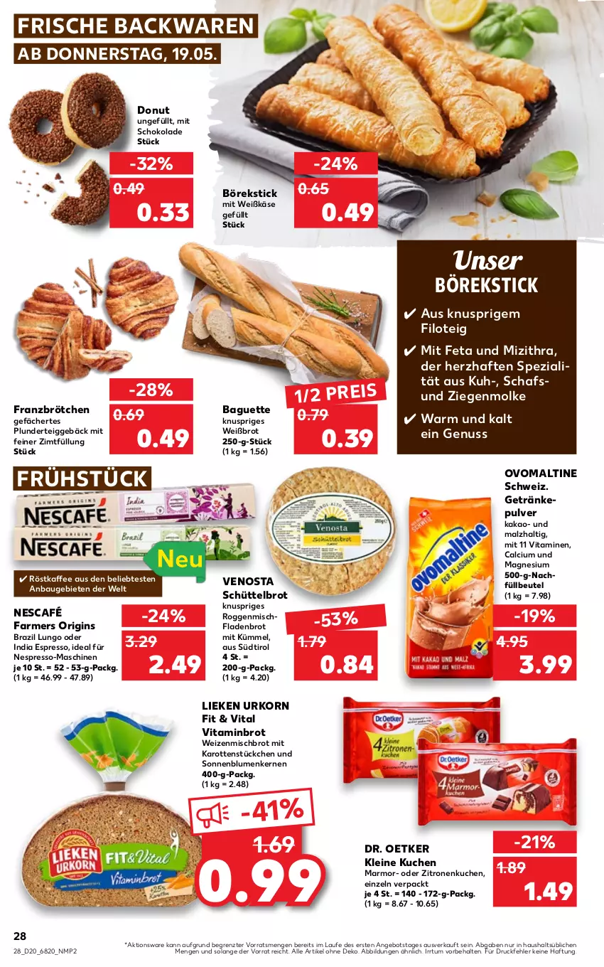 Aktueller Prospekt Kaufland - von 19.05 bis 25.05.2022 - strona 28 - produkty: angebot, backwaren, baguette, Bau, beutel, blume, blumen, brot, brötchen, Calcium, Donut, Dr. Oetker, eis, espresso, feta, Fladenbrot, frische backwaren, getränk, getränke, getränkepulver, gin, kaffee, kakao, karotten, Käse, korn, kuchen, leine, lieken, lungo, magnesium, malz, Nescafé, nespresso, nuss, ovomaltine, Plunder, reis, röstkaffee, schoko, schokolade, sonnenblume, sonnenblumen, Sonnenblumenkerne, sonnenblumenkernen, Spezi, Ti, urkorn, vita, Vitamine, weizenmischbrot, zitrone, zitronen, ZTE