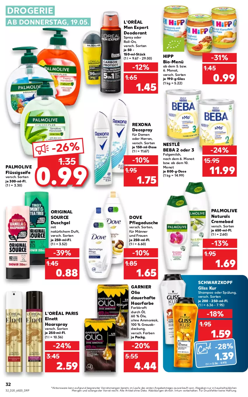 Aktueller Prospekt Kaufland - von 19.05 bis 25.05.2022 - strona 32 - produkty: angebot, auer, Bad, Beba, bio, creme, deo, deodorant, deospray, dove, dusche, duschgel, elnett, flüssigseife, folgemilch, garnier, gin, gliss, gliss kur, haarspray, hipp, kraft, LG, milch, natur, natura, nestlé, olive, palmolive, pflegedusche, rexona, roll-on, schwarzkop, schwarzkopf, Seife, shampoo, shampoo oder spülung, spülung, Ti, ZTE