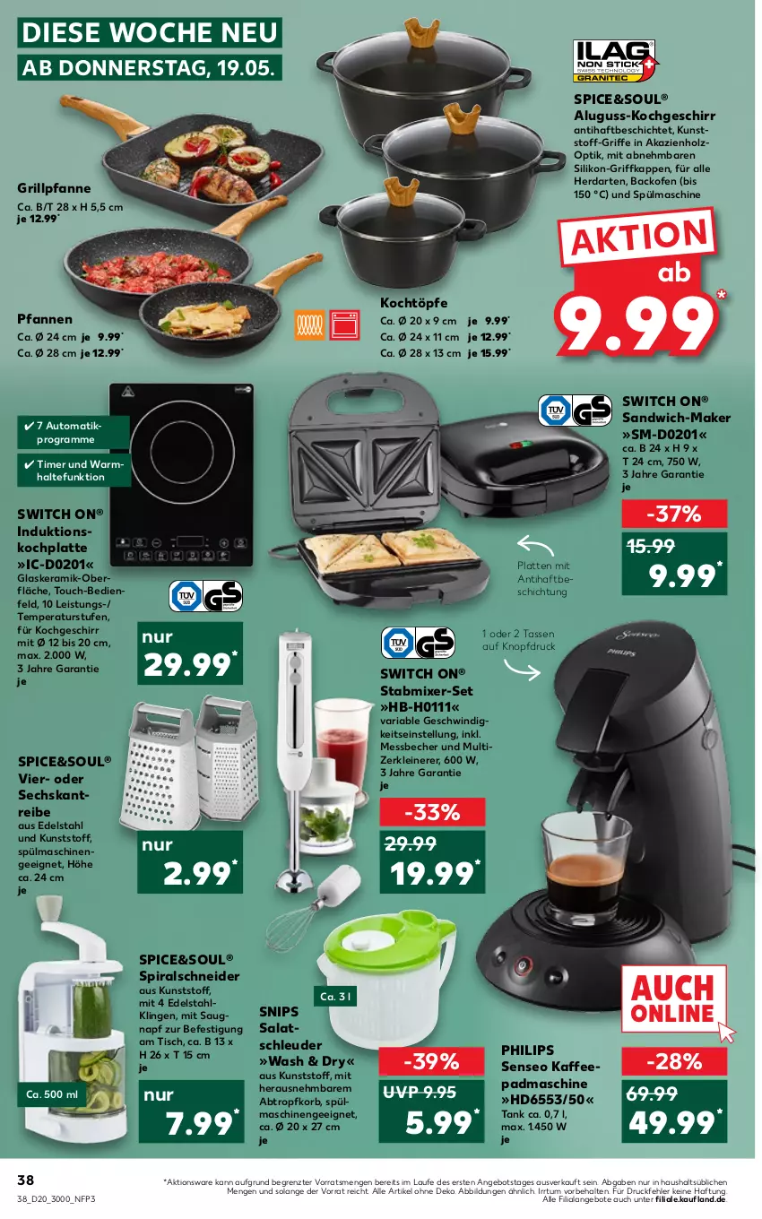 Aktueller Prospekt Kaufland - von 19.05 bis 25.05.2022 - strona 38 - produkty: angebot, angebote, auto, backofen, Becher, edelstahl, eis, geschirr, glaskeramik, grill, Grillpfanne, herdarten, Holz, HP, kaffee, korb, latte, leine, Messbecher, Mixer, Ofen, pfanne, pfannen, Philips, Ria, salat, sandwich, senseo, Spiralschneider, spülmaschinen, stabmixer, tasse, Ti, timer, tisch, Zerkleinerer, ZTE