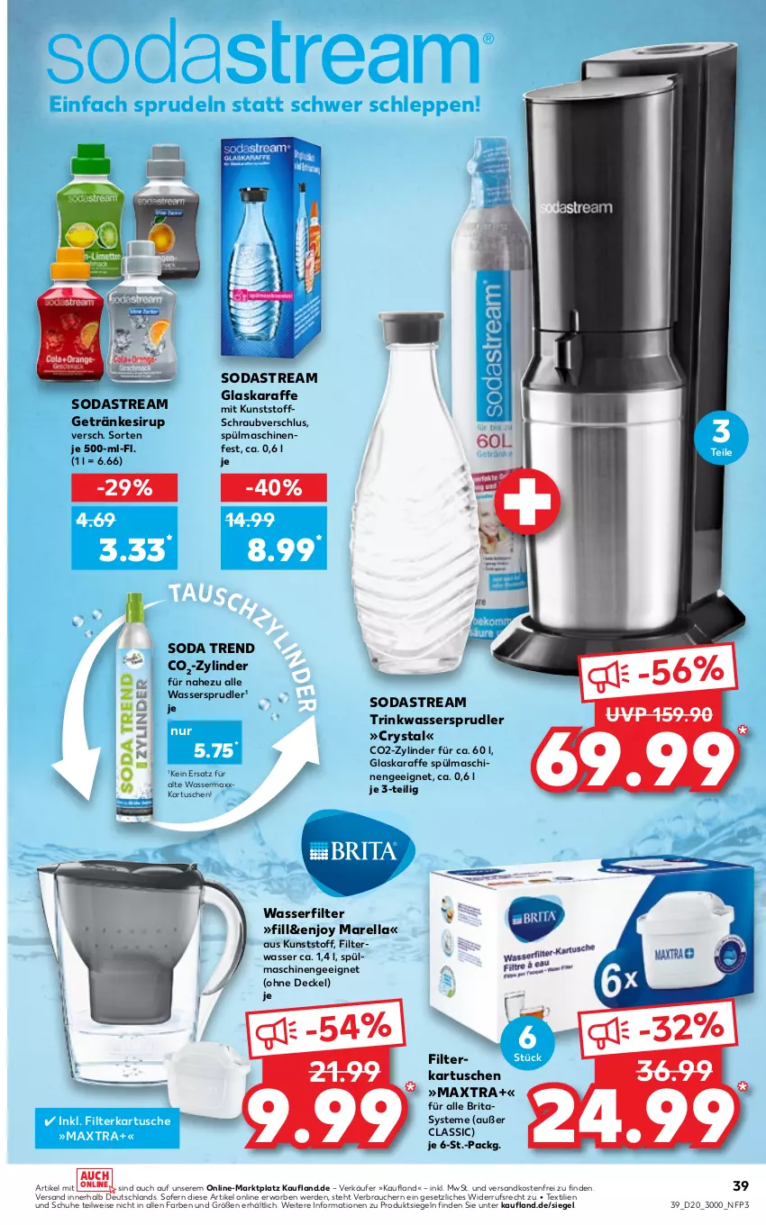 Aktueller Prospekt Kaufland - von 19.05 bis 25.05.2022 - strona 39 - produkty: brita, decke, Deckel, eis, erde, filterkartuschen, getränk, getränke, getränkesirup, glaskaraffe, Karaffe, Maxtra, ndk, Rauch, rel, schuhe, sirup, Soda, sodastream, Sprudel, spülmaschinen, Ti, versandkostenfrei, wasser, wasserfilter, wassersprudler