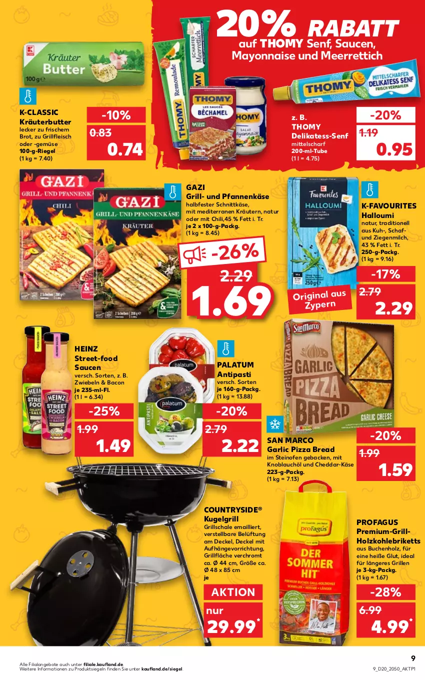 Aktueller Prospekt Kaufland - von 19.05 bis 25.05.2022 - strona 9 - produkty: angebot, angebote, antipasti, asti, bacon, briketts, brot, buch, butter, cheddar, chili, decke, Deckel, eis, fleisch, geback, gin, grill, grillfläche, grillholzkohle, halbfester schnittkäse, Halloumi, heinz, Holz, holzkohle, Käse, knoblauch, kräuter, kräuterbutter, kräutern, Kugel, kugelgrill, LG, mayonnaise, meerrettich, milch, mit knoblauch, natur, Ofen, pfanne, pfannen, pfannenkäse, pizza, profagus, Rettich, riegel, sauce, saucen, Schal, Schale, schnittkäse, senf, steinofen, thomy, Ti, und pfanne, Yo, zwiebel, zwiebeln