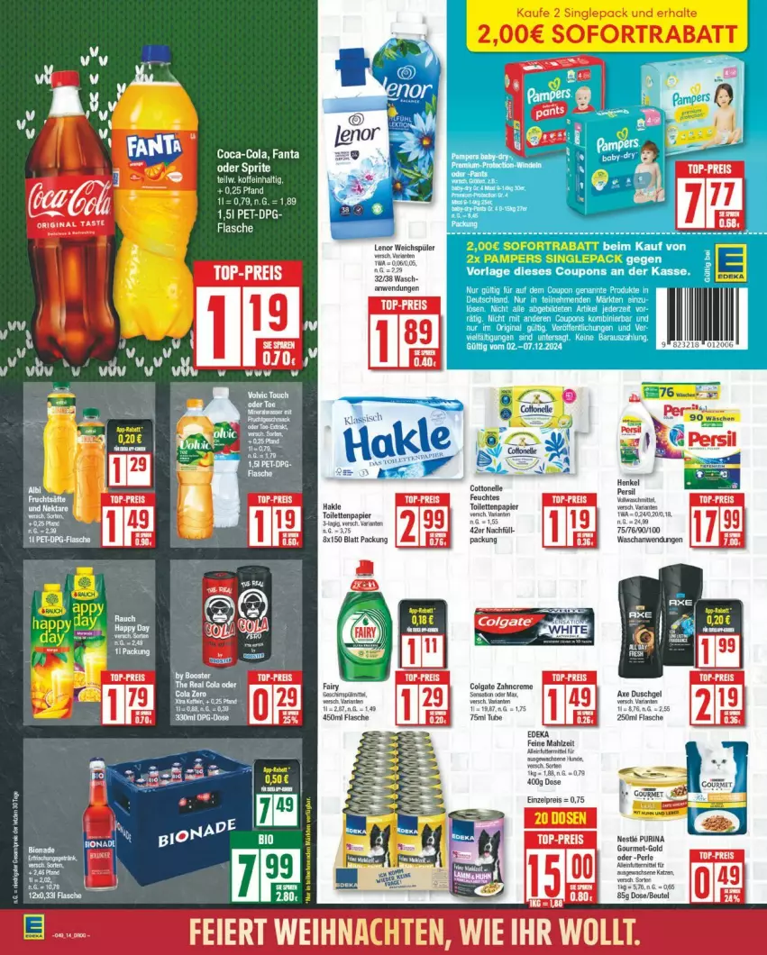 Aktueller Prospekt Edeka - Prospekte - von 02.12 bis 07.12.2024 - strona 14 - produkty: axe, axe duschgel, beutel, coca-cola, cola, colgate, cottonelle, deka, duschgel, eis, elle, fanta, flasche, hakle, hakle toilettenpapier, LG, pampers, papier, purina, reis, sofortrabatt, Ti, toilettenpapier