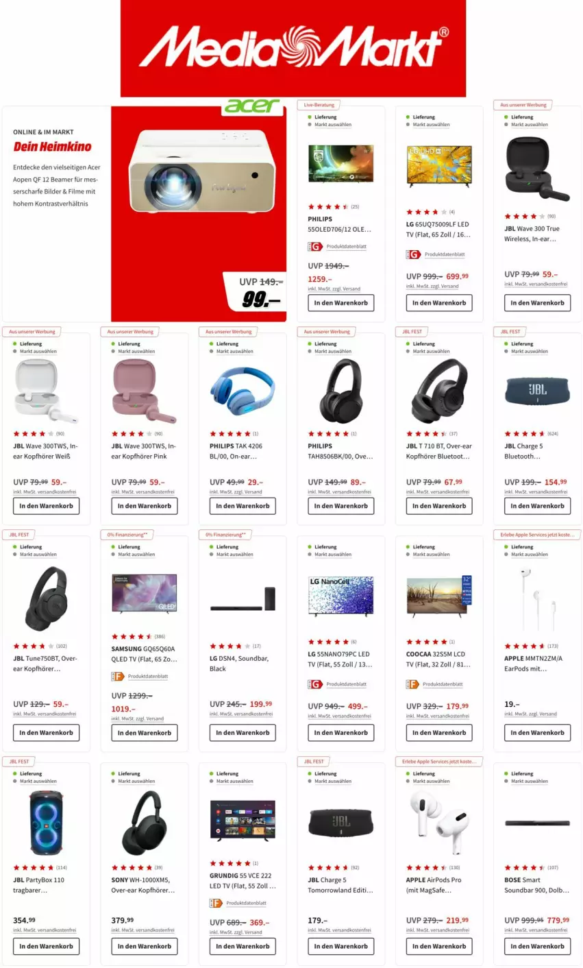 Aktueller Prospekt Media Markt - Prospekte - von 03.08 bis 16.08.2022 - strona 4 - produkty: acer, Apple, Apple AirPods, Apple AirPods Pro, Bose, decke, grundig, jbl, kopfhörer, korb, lack, LCD TV, led tv, LG, ndk, Philips, Pods, qled, rel, Samsung, sony, soundbar, Ti, versandkostenfrei