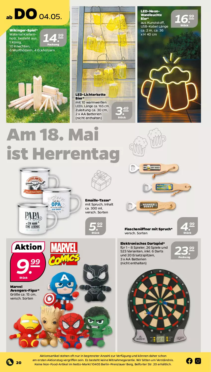 Aktueller Prospekt Netto - Woche 18 - von 02.05 bis 06.05.2023 - strona 20 - produkty: auer, batterie, batterien, bier, Elektro, flasche, flaschenöffner, Holz, Kette, led-licht, leds, Leuchte, lichterkette, maille, Ria, Spiele, tasse, Ti, usb, ZTE