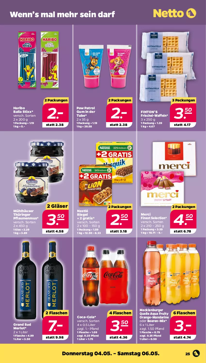 Aktueller Prospekt Netto - Woche 18 - von 02.05 bis 06.05.2023 - strona 25 - produkty: aqua, ball, beere, beeren, burger, coca-cola, cola, elle, flasche, Gläser, grand sud, haribo, mandarine, merci, merl, merlot, mühlhäuser, nestlé, orange, Paw Patrol, pflaume, pflaumen, pflaumenmus, riegel, ring, Ti, waffeln