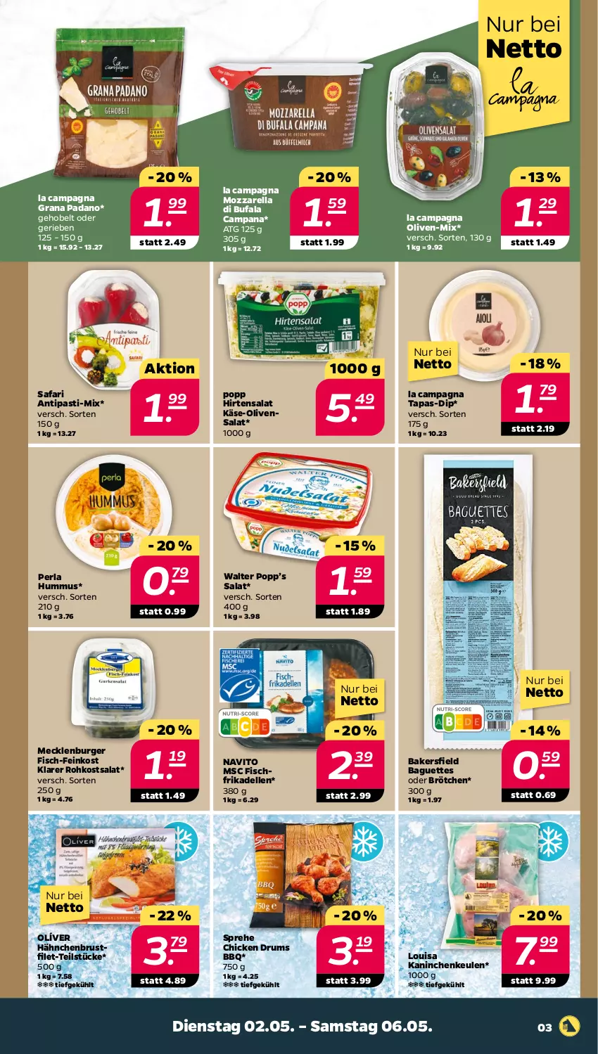 Aktueller Prospekt Netto - Woche 18 - von 02.05 bis 06.05.2023 - strona 3 - produkty: antipasti, asti, baguette, baguettes, brötchen, brustfilet, burger, dell, di bufala, dip, elle, feinkost, filet, fisch, frikadellen, grana, grana padano, hähnchenbrust, hähnchenbrustfilet, hummus, Kaninchenkeule, Käse, mozzarella, olive, oliven, padano, perla, Popp, Rana, rel, rum, salat, Tapas, Ti