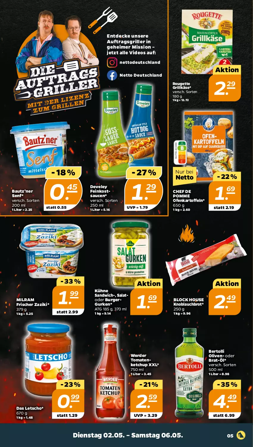 Aktueller Prospekt Netto - Woche 18 - von 02.05 bis 06.05.2023 - strona 5 - produkty: Bau, bertolli, brot, burger, decke, deo, develey, eimer, erde, feinkost, grill, Grillkäse, gurke, gurken, kartoffel, kartoffeln, Käse, ketchup, knoblauch, Kühne, Letscho, milram, Ofen, olive, oliven, rouge, rougette, salat, sandwich, sauce, saucen, senf, Ti, tomate, tomaten, tomatenketchup, zaziki