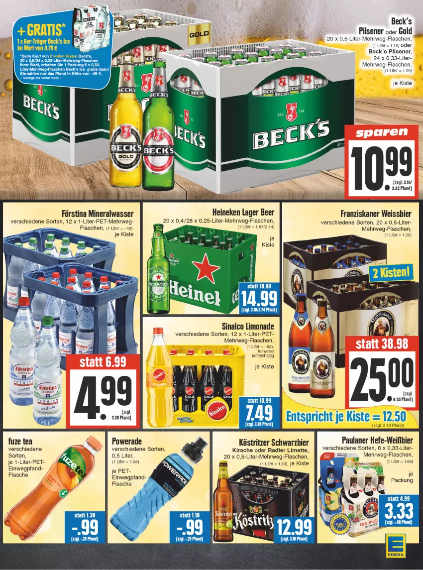 Aktueller Prospekt Edeka - Angebote der Woche - von 18.09 bis 23.09.2023 - strona 13 - produkty: alkohol, Alwa, bier, eis, flasche, franziskaner, fuze tea, Hefe, heineken, kirsch, kirsche, köstritzer, limette, limo, limonade, Mett, mineralwasser, oder radler, Paula, paulaner, pils, pilsener, radler, rwe, sinalco, Ti, wasser, weissbier