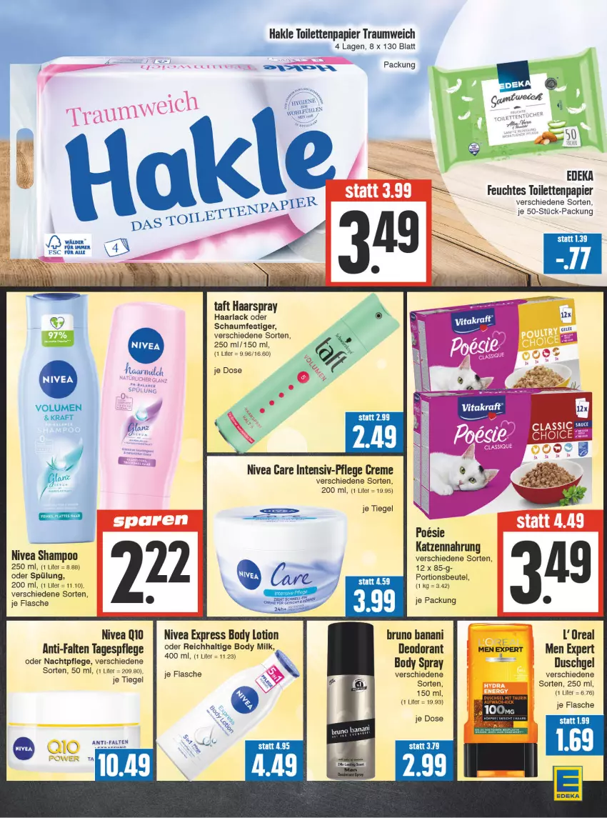 Aktueller Prospekt Edeka - Angebote der Woche - von 18.09 bis 23.09.2023 - strona 15 - produkty: arla, body, body lotion, body milk, brot, bruno banani, creme, deo, deodorant, duschgel, feuchtes toilettenpapier, flasche, Haarlack, haarspray, hakle, hakle toilettenpapier, katzennahrung, kraft, l'oreal, lack, Lotion, nachtpflege, nivea, oder schaumfestiger, papier, schaumfestiger, spülung, Taft, Tagespflege, Ti, toilettenpapier