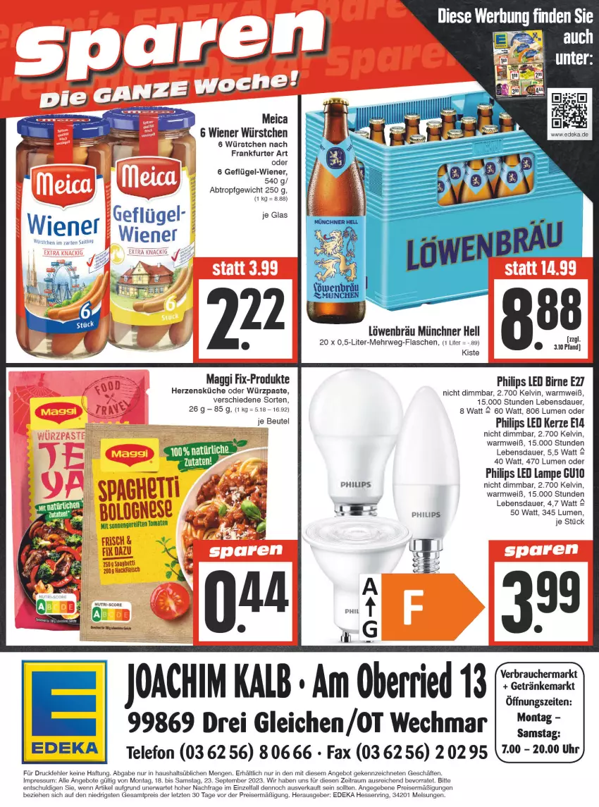 Aktueller Prospekt Edeka - Angebote der Woche - von 18.09 bis 23.09.2023 - strona 16 - produkty: angebot, angebote, auer, beutel, deka, eis, flasche, fleisch, frankfurter, Geflügel, getränk, getränke, hackfleisch, im zarten saitling, kerze, küche, Lampe, LED Lampe, meica, Philips, Rauch, reis, ring, rwe, spaghetti, tee, telefon, Ti, tomate, tomaten, uhr, wiener, wiener würstchen, würstchen, ZTE