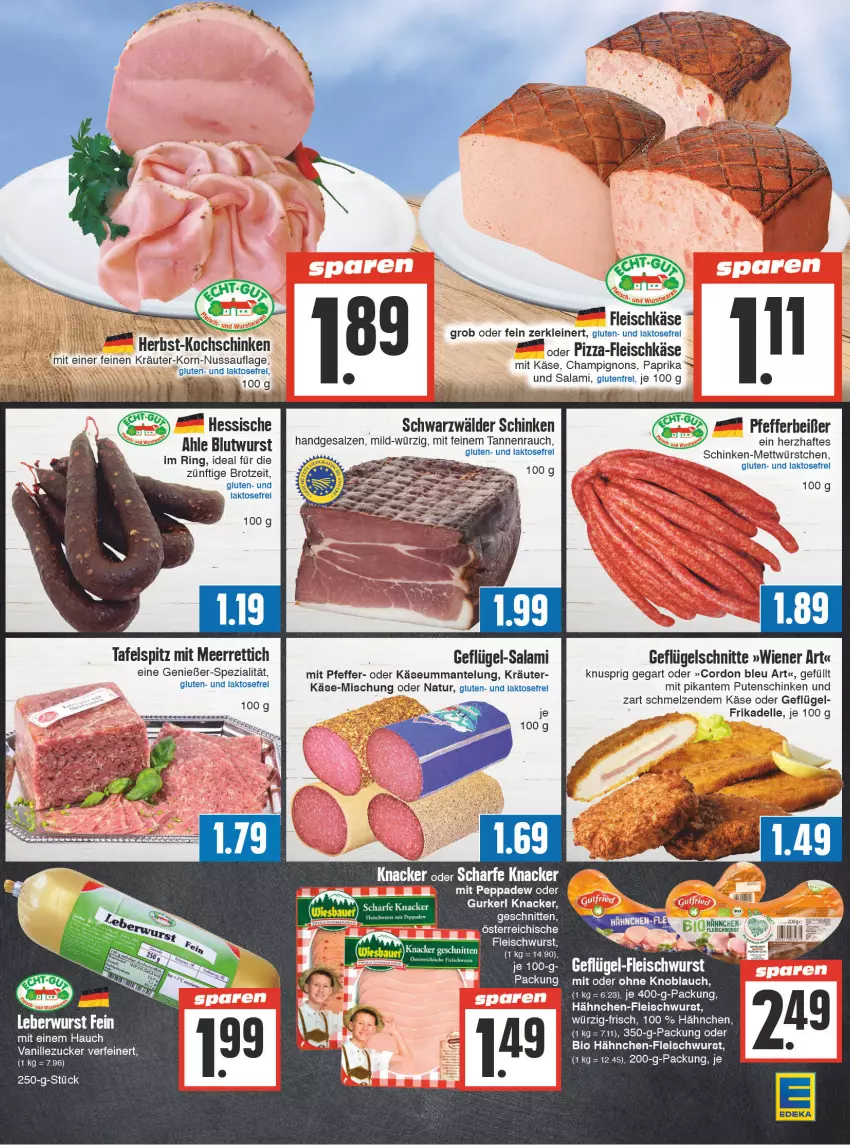 Aktueller Prospekt Edeka - Angebote der Woche - von 18.09 bis 23.09.2023 - strona 3 - produkty: bio, brot, champignon, champignons, cordon bleu, dell, eis, elle, ente, fleisch, fleischkäse, fleischwurst, Geflügel, gurke, Gurkerl Knacker, Käse, knacker, knoblauch, kochschinken, korn, kräuter, leine, Mantel, meerrettich, Mett, mit oder ohne knoblauch, natur, nuss, paprika, pfeffer, pizza, pute, Putenschinken, Rauch, rel, Rettich, ring, salami, salz, schinken, schnitten, schwarzwälder schinken, Spezi, tafelspitz, tee, Ti, wiener, wurst, würstchen, Yo