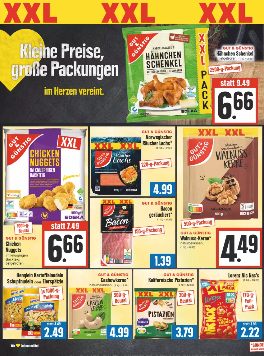 Aktueller Prospekt Edeka - Angebote der Woche - von 18.09 bis 23.09.2023 - strona 8 - produkty: bacon, Cashew, cashewkerne, chicken nuggets, deka, eier, eierspätzle, eis, henglein, henkel, kartoffel, kartoffeln, lachs, lebensmittel, lorenz, natur, nudel, nudeln, nuggets, nuss, pistazien, rwe, schenkel, Ti, walnuss