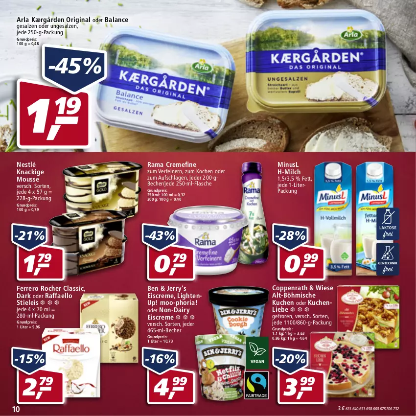 Aktueller Prospekt Real - Real Handzettel - von 10.01 bis 15.01.2022 - strona 10 - produkty: arla, Becher, coppenrath, creme, eis, eiscreme, ferrero, Ferrero Rocher, flasche, gin, Kærgården, Knackige Mousse, kuchen, kuchenliebe, milch, mousse, nestlé, raffaello, rama, rama cremefine, reis, Ria, salz, stieleis, Ti