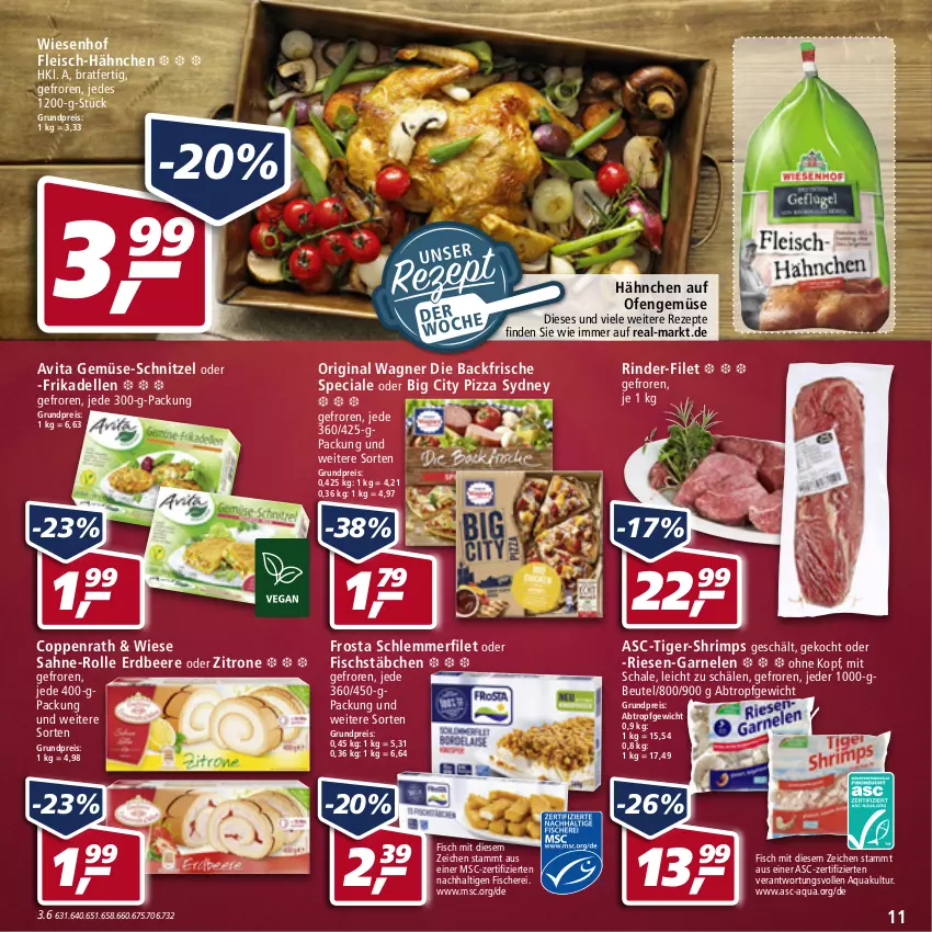 Aktueller Prospekt Real - Real Handzettel - von 10.01 bis 15.01.2022 - strona 11 - produkty: aqua, beere, beutel, coppenrath, dell, eis, elle, erdbeere, filet, fisch, fische, Fischer, fischstäbchen, fleisch, frikadellen, frosta, garnelen, gin, Ofen, original wagner, pizza, reis, rezept, rezepte, Riesen-Garnelen, rind, rinder, sahne, Schal, Schale, Schere, schlemmerfilet, schnitzel, Ti, vita, wagner, wiesenhof, zitrone