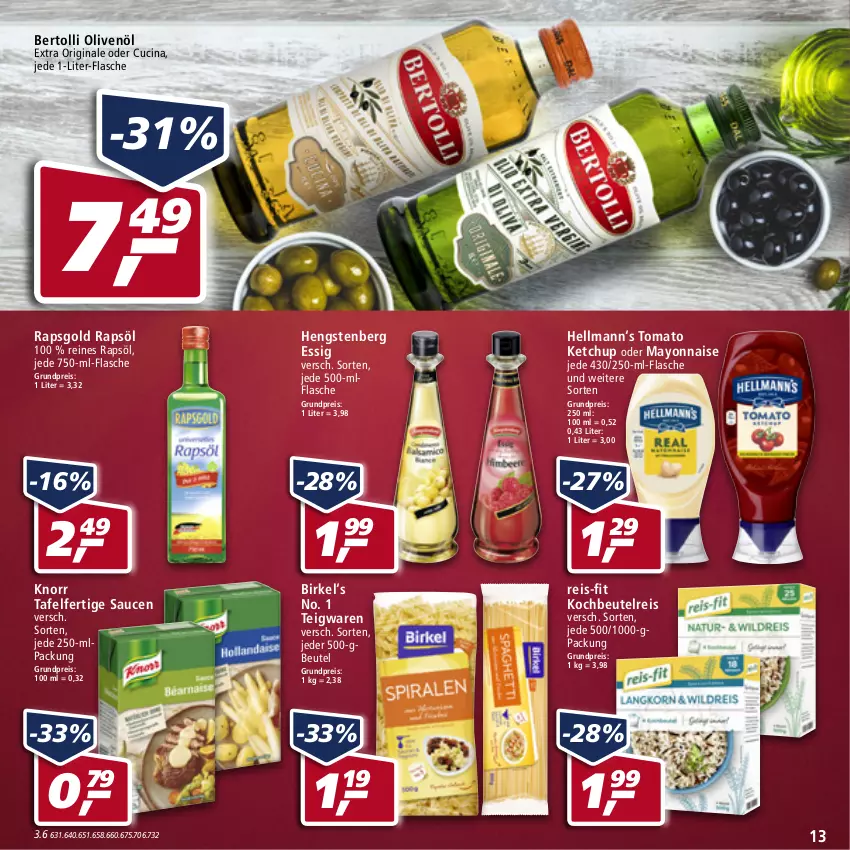 Aktueller Prospekt Real - Real Handzettel - von 10.01 bis 15.01.2022 - strona 13 - produkty: bertolli, beutel, birkel, cin, eis, essig, flasche, gin, hengstenberg, ketchup, knorr, kochbeutel, mayonnaise, olive, oliven, olivenöl, olivenöl extra, rapsöl, reines rapsöl, reis, reis-fit, sauce, saucen, teigwaren, Ti, tomato ketchup, Yo