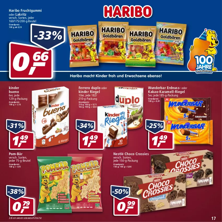 Aktueller Prospekt Real - Real Handzettel - von 10.01 bis 15.01.2022 - strona 17 - produkty: beutel, choco crossies, crossies, duplo, eis, erdnuss, ferrero, frucht, fruchtgummi, haribo, kakao, karamell, Kinder, kinder bueno, kinder riegel, Lakritz, nestlé, nuss, oder lakritz, pom-bär, reis, riegel