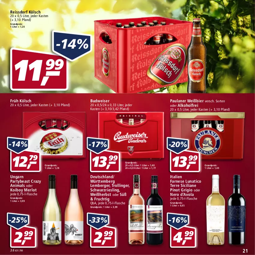 Aktueller Prospekt Real - Real Handzettel - von 10.01 bis 15.01.2022 - strona 21 - produkty: alkohol, Berger, bier, budweiser, eis, flasche, frucht, Früh Kölsch, merl, merlot, nero, Paula, paulaner, Pinot, pinot grigio, reis, reiss, riesling, schwarzriesling, ssd, Ti, trolli, trollinger