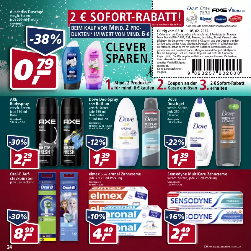 Aktueller Prospekt Real - Real Handzettel - von 10.01 bis 15.01.2022 - strona 24 - produkty: aufsteckbürsten, axe, body, bodyspray, Brei, bürste, bürsten, coupon, creme, deo, dove, duschdas, duschgel, eis, elmex, flasche, gin, oral-b, reis, rexona, roll-on, sensodyne, Signal, sofort-rabatt, Ti, Tiere, Vase, zahncreme