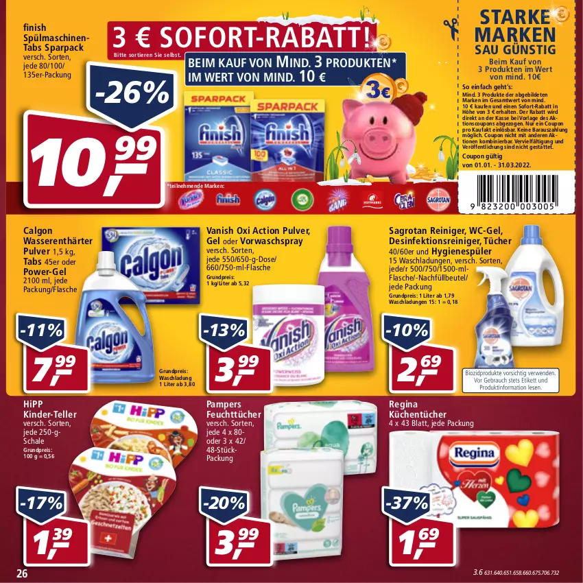 Aktueller Prospekt Real - Real Handzettel - von 10.01 bis 15.01.2022 - strona 26 - produkty: beutel, calgon, coupon, coupons, Desinfektion, eis, elle, feuchttücher, Finish, flasche, gin, hipp, hygienespüler, Kinder, küche, Küchen, küchentücher, LG, oxi action, pampers, power-gel, reiniger, reis, sagrotan, Schal, Schale, sofort-rabatt, spülmaschinen, spülmaschinentabs, teller, Ti, Tiere, tücher, vanish, vanish oxi action, wasser, wasserenthärter, wc-gel