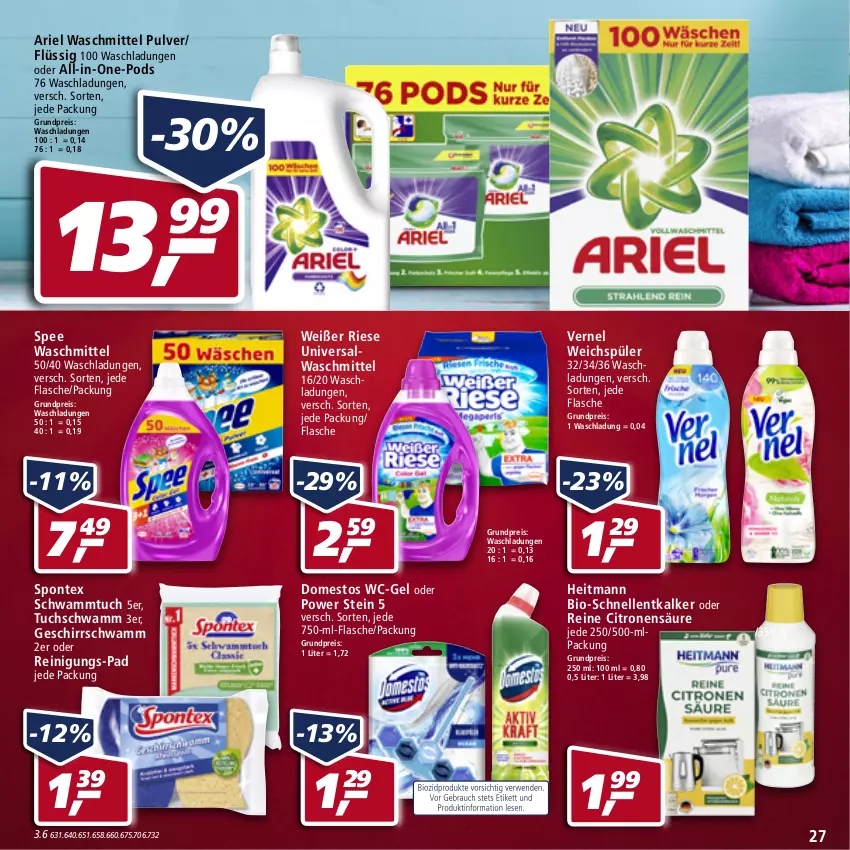 Aktueller Prospekt Real - Real Handzettel - von 10.01 bis 15.01.2022 - strona 27 - produkty: Alwa, ariel, ariel waschmittel, bio, domestos, eis, elle, entkalker, flasche, geschirr, heitmann, Pods, Reinigung, reis, Schnellentkalker, schwamm, Schwammtuch, spee, spontex, tuc, vernel, waschmittel, wc-gel