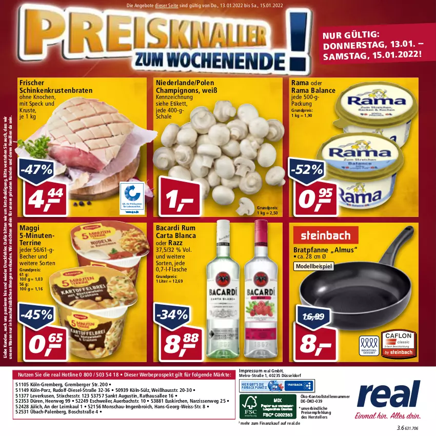 Aktueller Prospekt Real - Real Handzettel - von 10.01 bis 15.01.2022 - strona 48 - produkty: angebot, angebote, auer, bacardi, bacardi rum, Becher, Berger, bosch, braten, bratpfanne, champignon, champignons, dell, Diesel, eis, elle, ente, flasche, krustenbraten, LG, maggi, Metro, Mode, Narzissen, payback, pfanne, rama, reis, rum, rwe, Schal, Schale, schinken, Speck, teller, terrine, Ti