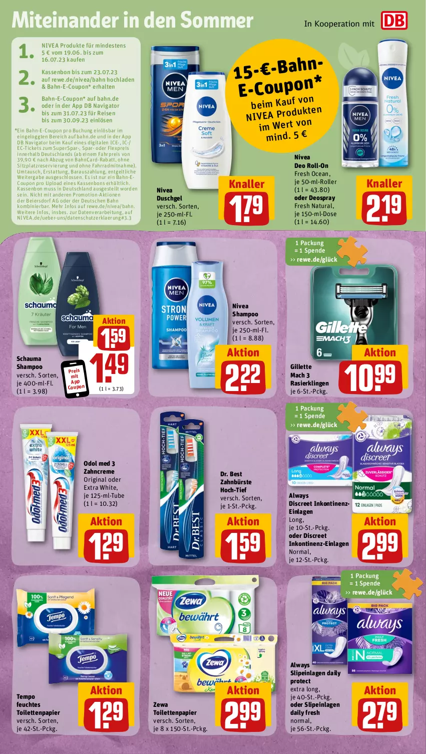 Aktueller Prospekt Rewe - Prospekte - von 26.06 bis 01.07.2023 - strona 10 - produkty: Alwa, Always, buch, bürste, coupon, creme, deo, deo roll-on, deospray, Discreet, Dr. Best, duschgel, eier, eis, Fahrrad, feuchtes toilettenpapier, gillette, gin, mac, natur, natura, nivea, oder deospray, Odol, odol med, papier, Rasierklinge, rasierklingen, reis, roll-on, Roller, schauma, schauma shampoo, shampoo, slip, slipeinlagen, Tempo, Ti, toilettenpapier, zahnbürste, zahncreme, zewa