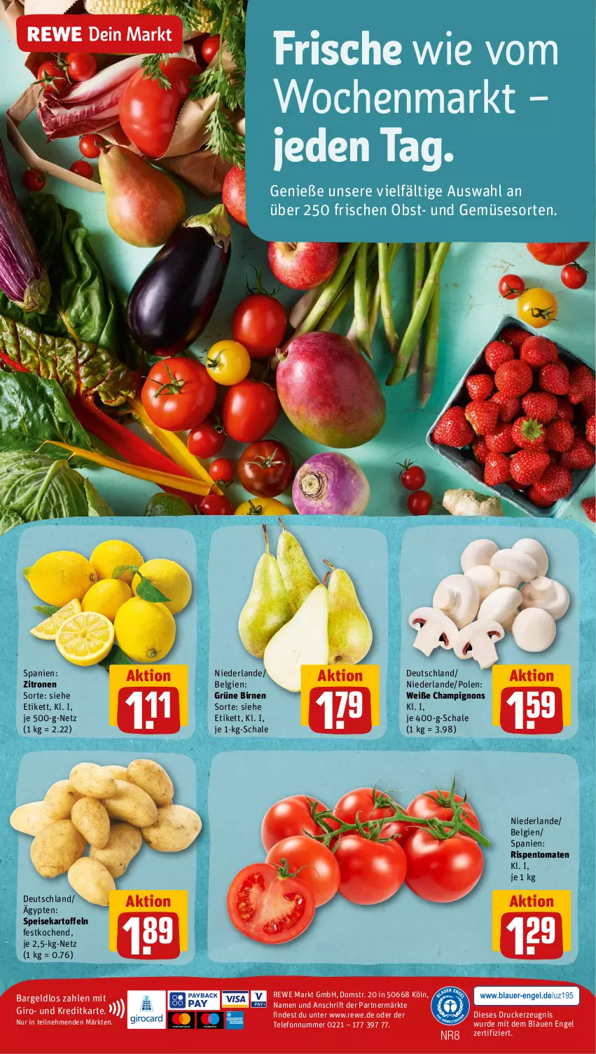 Aktueller Prospekt Rewe - Prospekte - von 26.06 bis 01.07.2023 - strona 14 - produkty: Birnen, champignon, champignons, drucker, eis, Engel, kartoffel, kartoffeln, kerze, LG, obst, rispentomaten, Schal, Schale, speisekartoffeln, telefon, Ti, tomate, tomaten, und gemüse, zitrone, zitronen