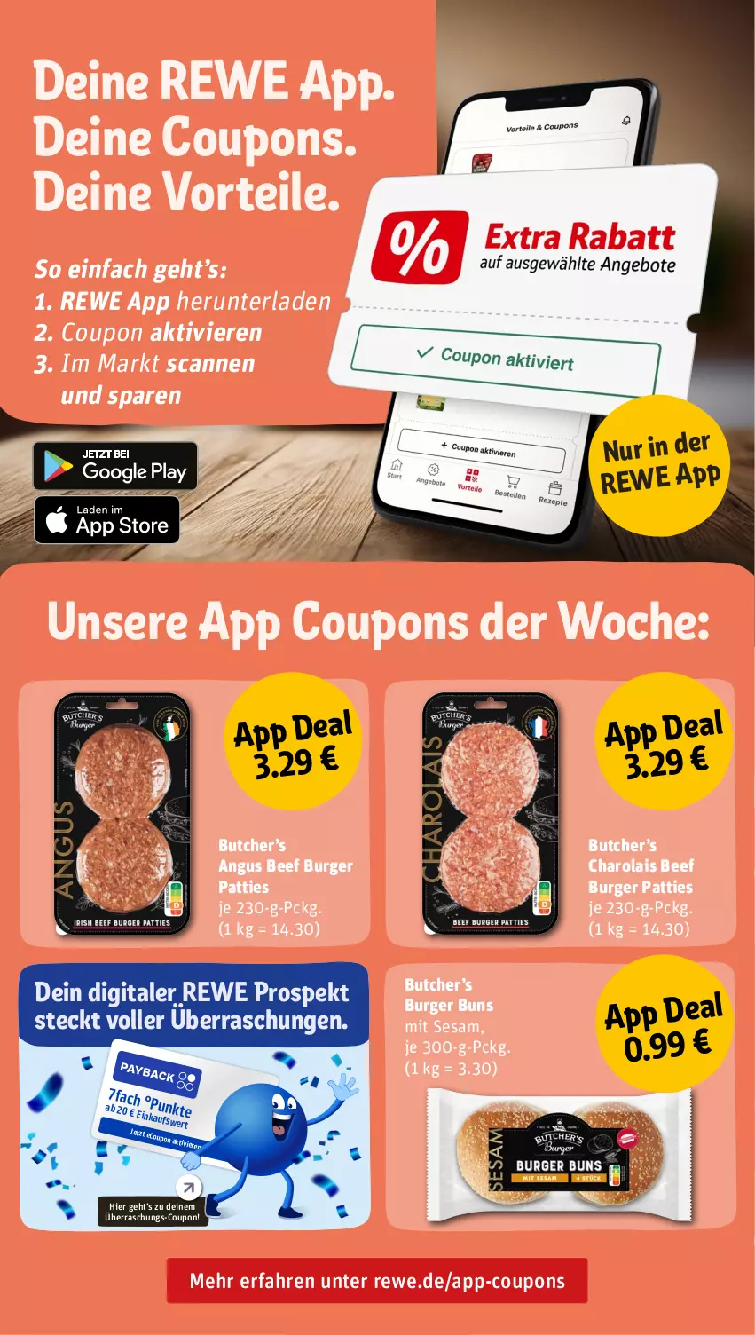 Aktueller Prospekt Rewe - Prospekte - von 26.06 bis 01.07.2023 - strona 15 - produkty: beef, burger, burger buns, coupon, coupons, sesam, Ti