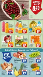 Gazetka promocyjna Rewe - Prospekte - Gazetka - ważna od 01.07 do 01.07.2023 - strona 4 - produkty: ananas, apfel, banane, bananen, bonduelle, direktsaft, eis, elle, fleisch, grana, granatapfel, granatapfelkerne, kirsch, kirsche, kirschen, mango, möhren, pfirsich, pfirsiche, Rana, reis, saft, Schal, Schale, smoothie, Speisezwiebeln, stifte, tafeltrauben, Ti, tiefpreis, trauben, true fruits, valensina, zwiebel, zwiebeln